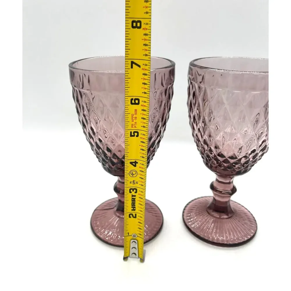 Vintage Glass Diamond Pattern Stemmed Purple / Plum Set of 2 Water Goblets 6.75